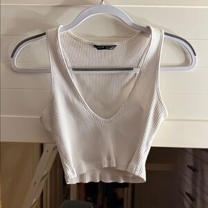 White Ribbed V-Neck Cropped Tank Top